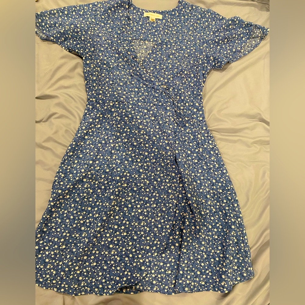Blue floral print faux wrap dress